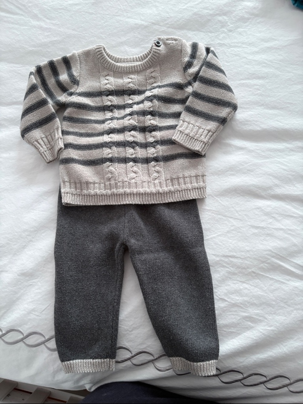 Neutral Gray & Cream Striped Kids Matching Set miniclasix